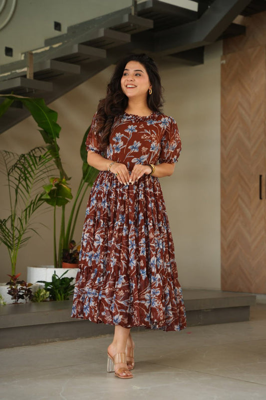Brown Elegant Printed Faux Georgette Gown