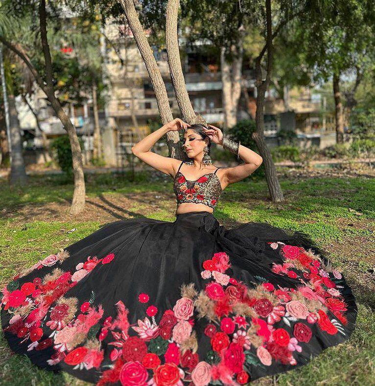 EEIRE BLACK LEHENGA WITH FLOWER EMBROIDERY