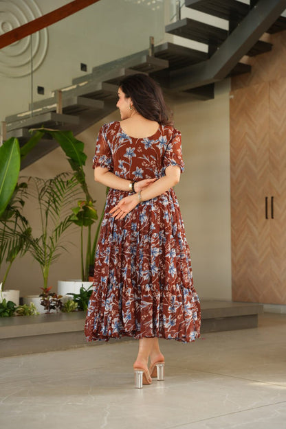 Brown Elegant Printed Faux Georgette Gown