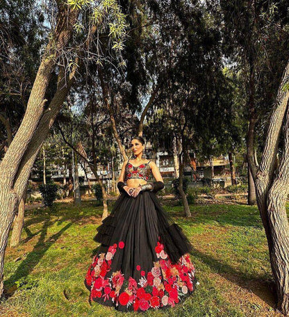 EEIRE BLACK LEHENGA WITH FLOWER EMBROIDERY