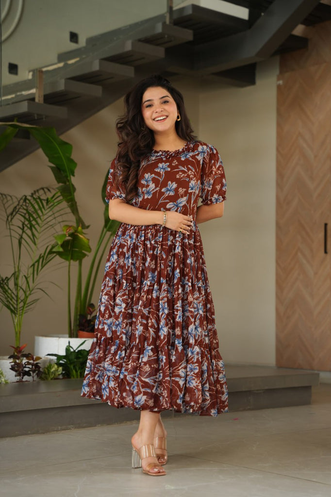 Brown Elegant Printed Faux Georgette Gown