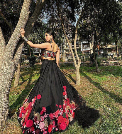 EEIRE BLACK LEHENGA WITH FLOWER EMBROIDERY