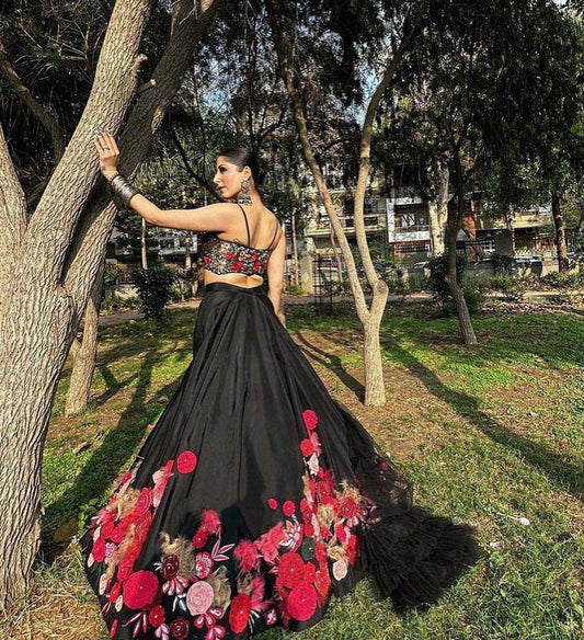 EEIRE BLACK LEHENGA WITH FLOWER EMBROIDERY