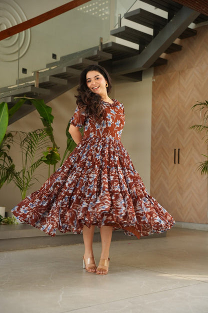 Brown Elegant Printed Faux Georgette Gown