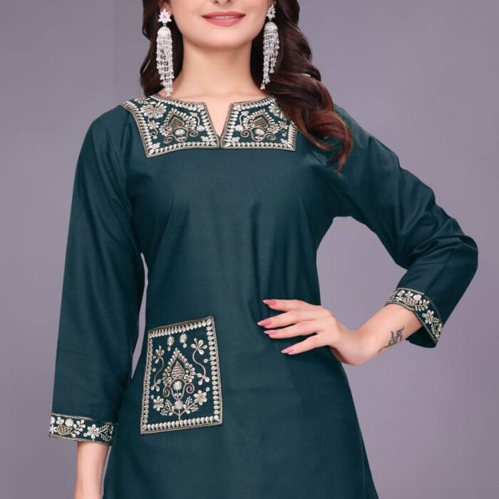 RO9345 Embroidered Heavy Rayon Kurti with Pocket – 3/4 Sleeve, Length 30+, Sizes S–XXL